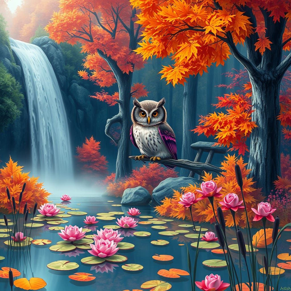 Neon Autumnal Scene with Pygmy Owl, Digital Art