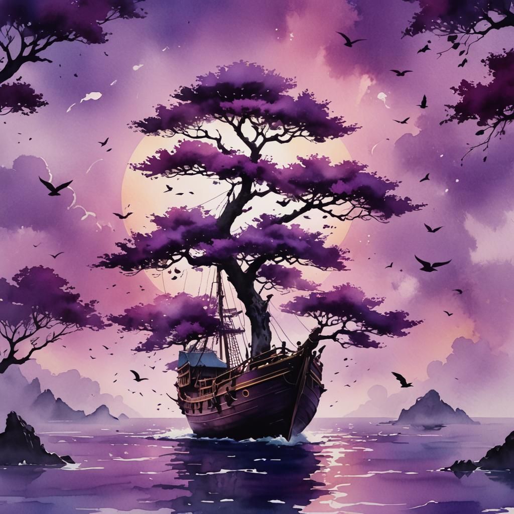 Purple Watercolor: Boat, Bonsai, and Birds