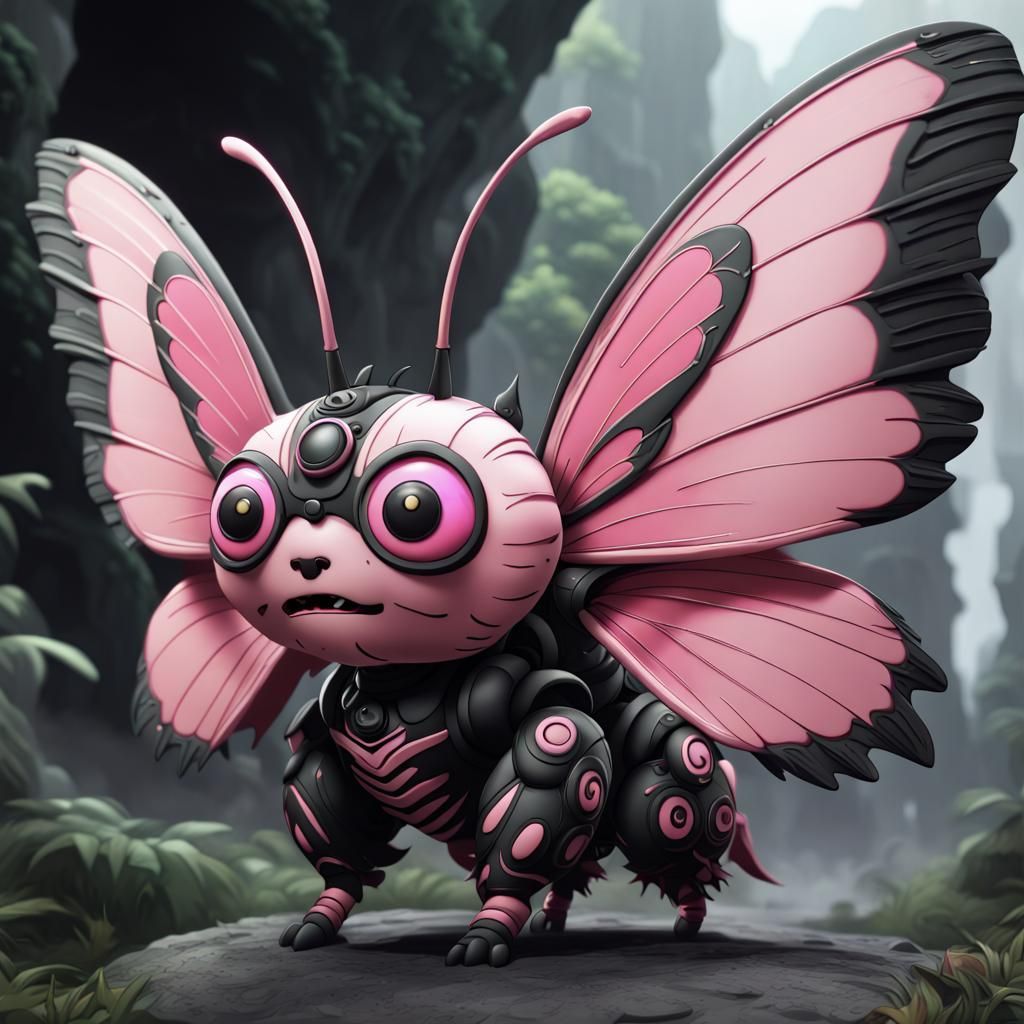 Chibi Pink and Black Mothra: Detailed Fantasy Art