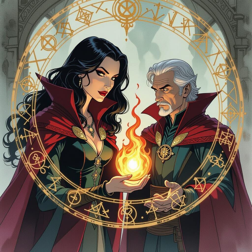 Mystical Flame Watched by Doctor Strange and Madame Xanadu