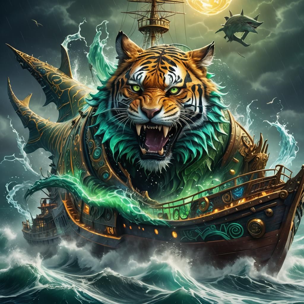 Mystical Ship-Shark-Tiger Hybrid Emerges from Stormy Sea