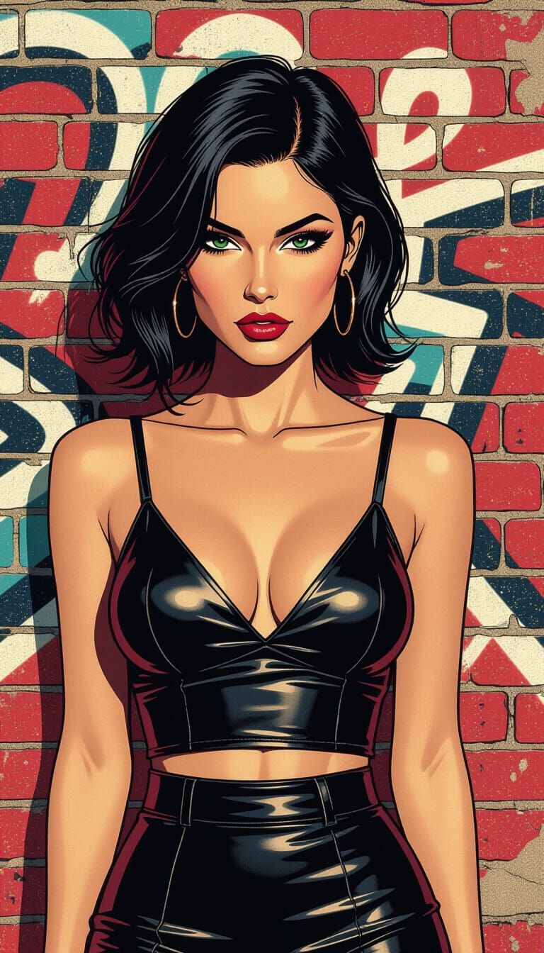 Urban Woman in Leather Skirt Against Graffiti Wall Illustrat...