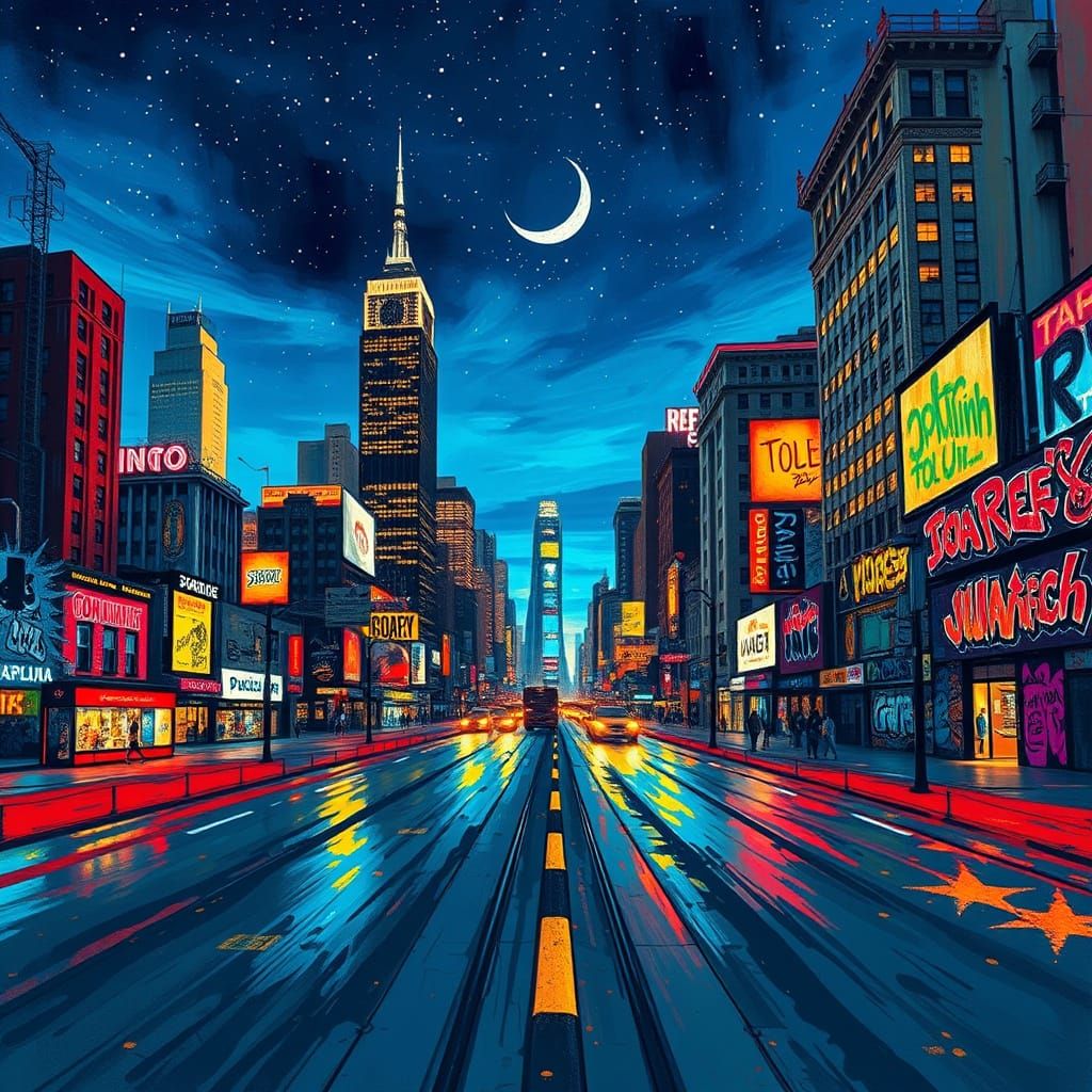 Glowing Cityscape at Dusk with Neon Lights and Street Art