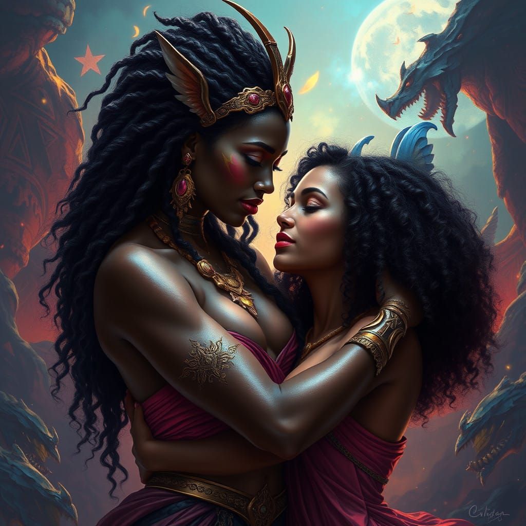 Sensual African Goddess and Fair Maiden Embrace in Vibrant F...