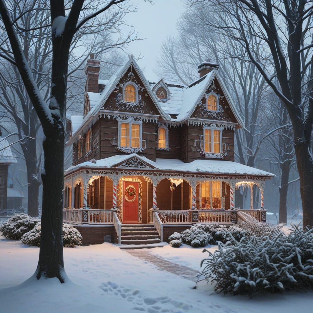 Whimsical Gingerbread House in Snowy Winter Wonderland