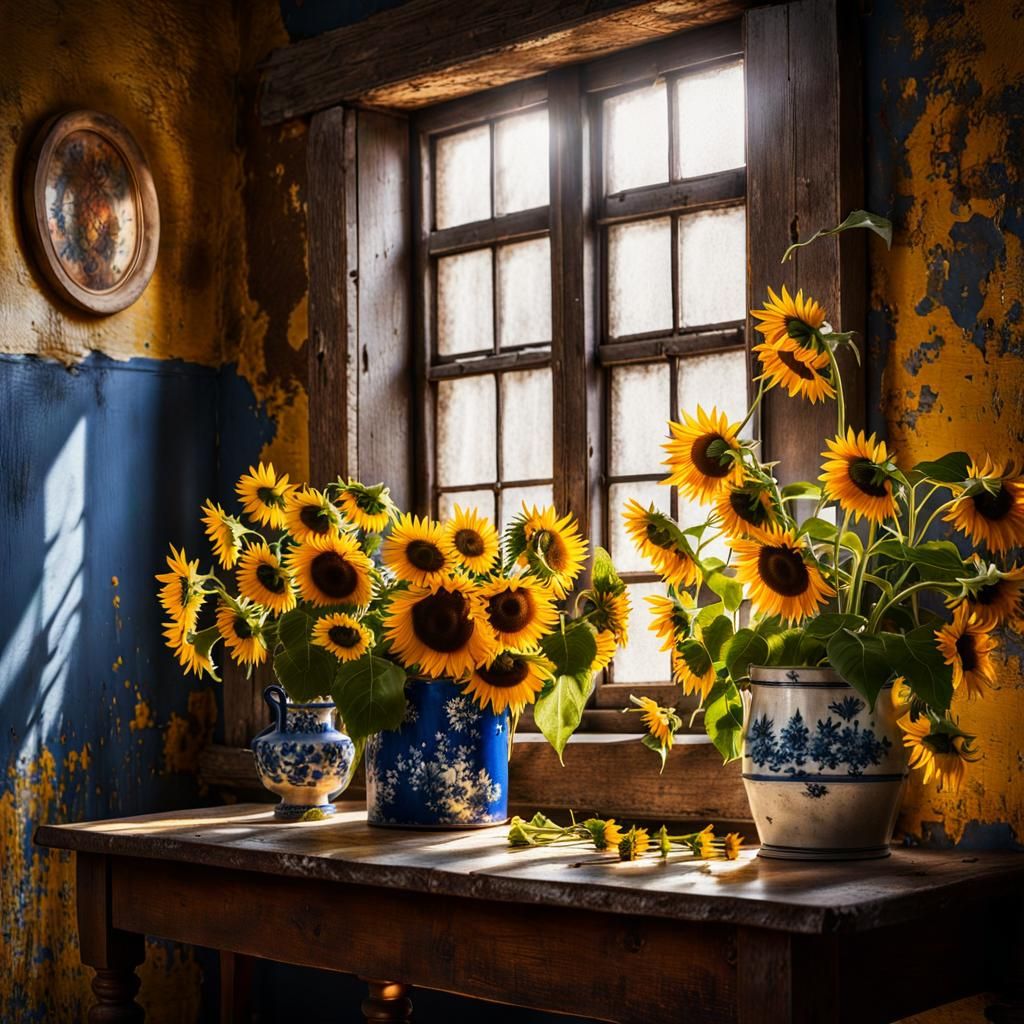 Sunflowers in Copper Bucket: Hyperrealist Floral Still Life
