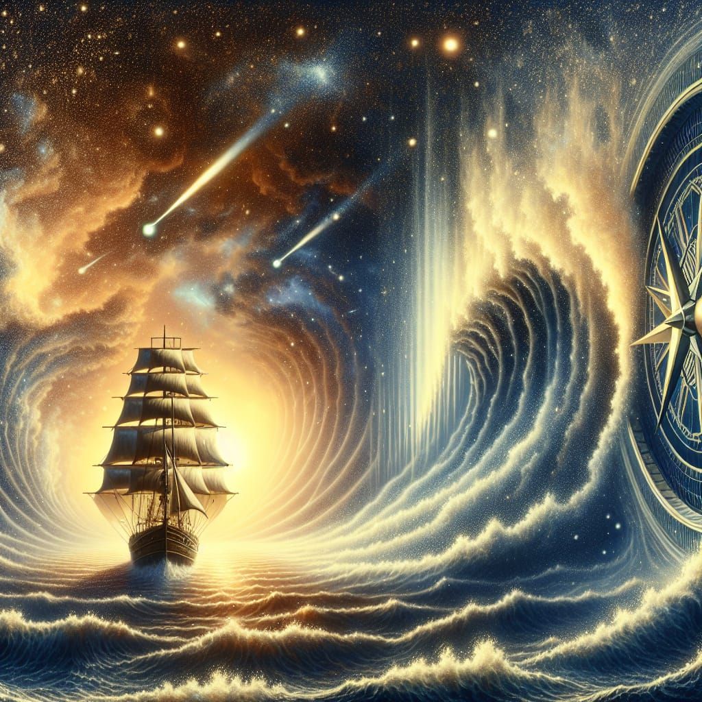 Sailship Navigates Star Portal Waterfall in Symbolist Style