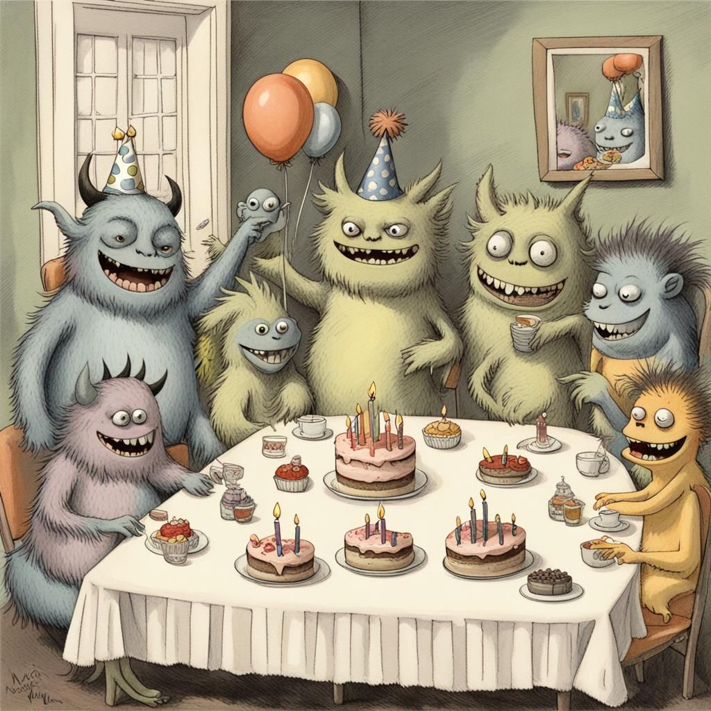 Cute Monsters' Birthday Party: Sendak-Inspired Illustration