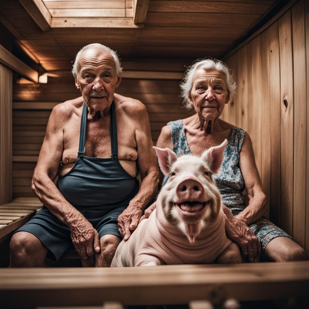 Grandpa and Grandma and the pig in the sauna.