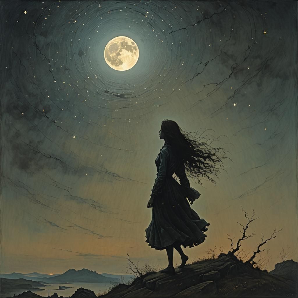 Ethereal Figure in Starry Night Landscape