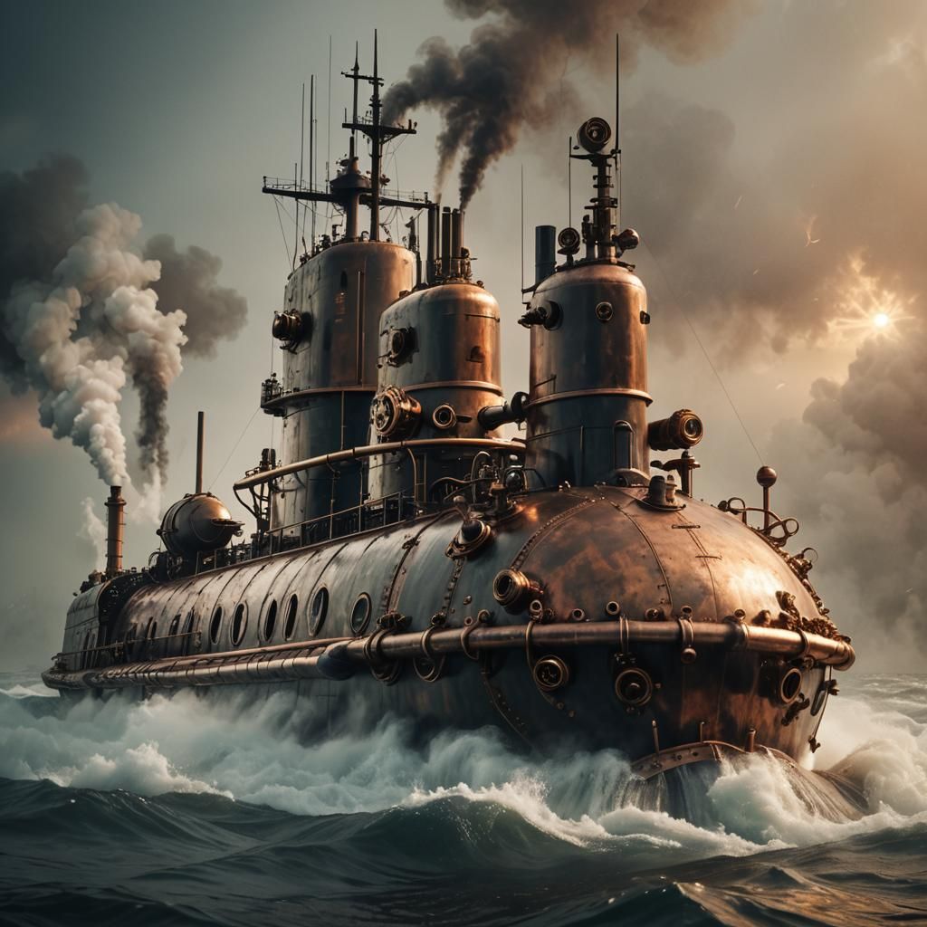 Steampunk US Navy Submarine in Misty Ocean