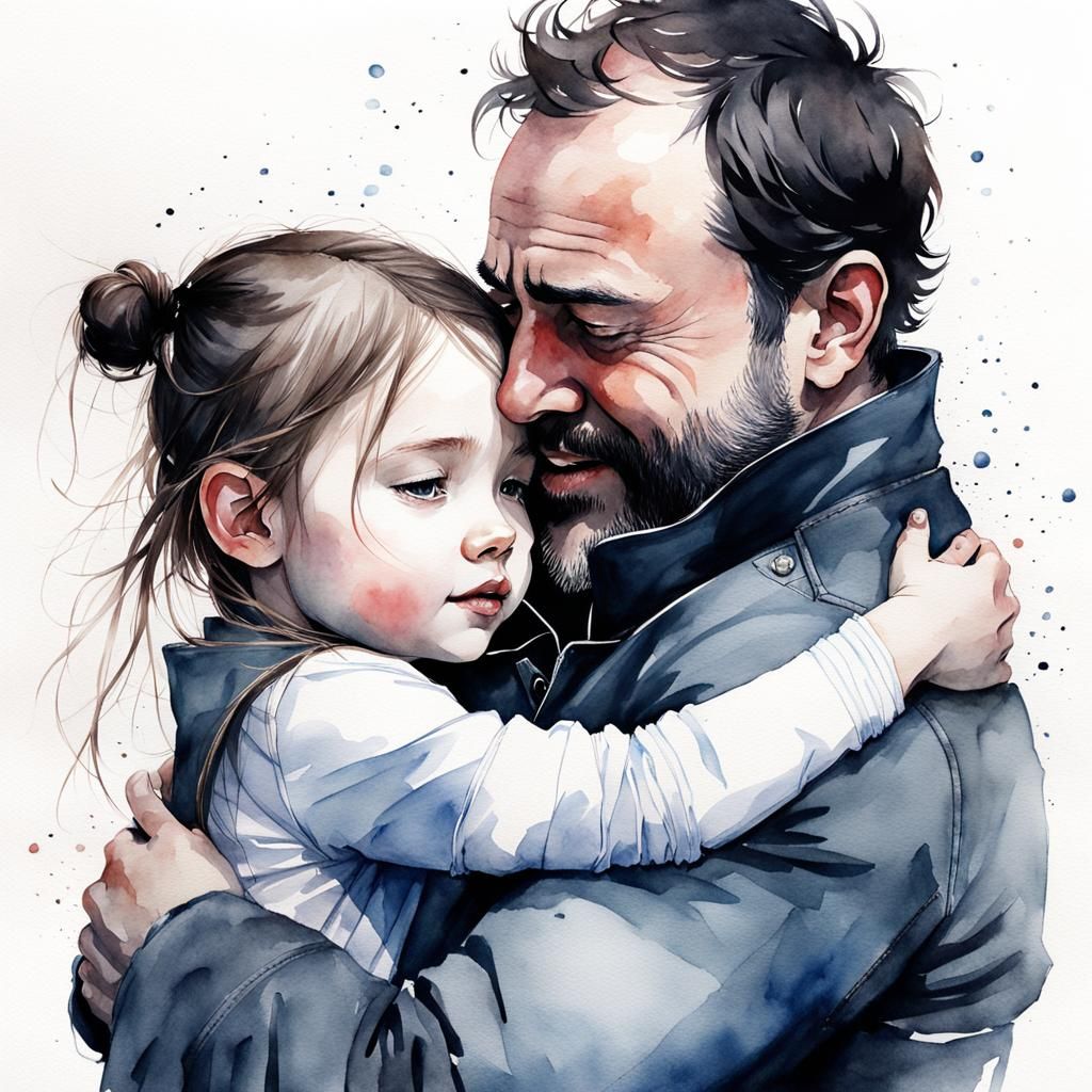Heartwarming Watercolor: Father and Daughter Embrace