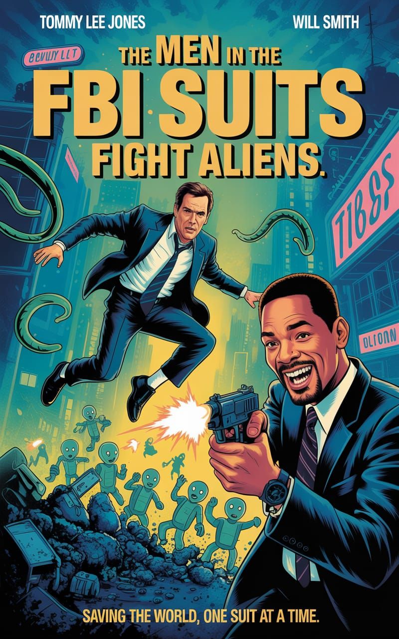 Action comedy movie poster, movie poster, Tommy Lee Jones and Will Smith in "The Men in the FBI Suits Fight Aliens" movi...