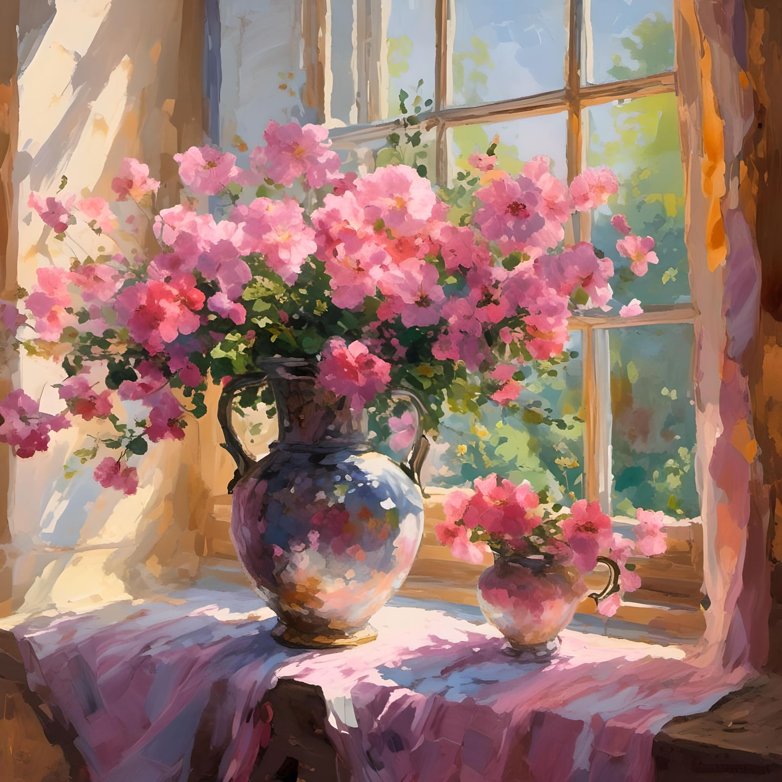 Pink Flowers in Dappled Light: Gouache-Style Impression