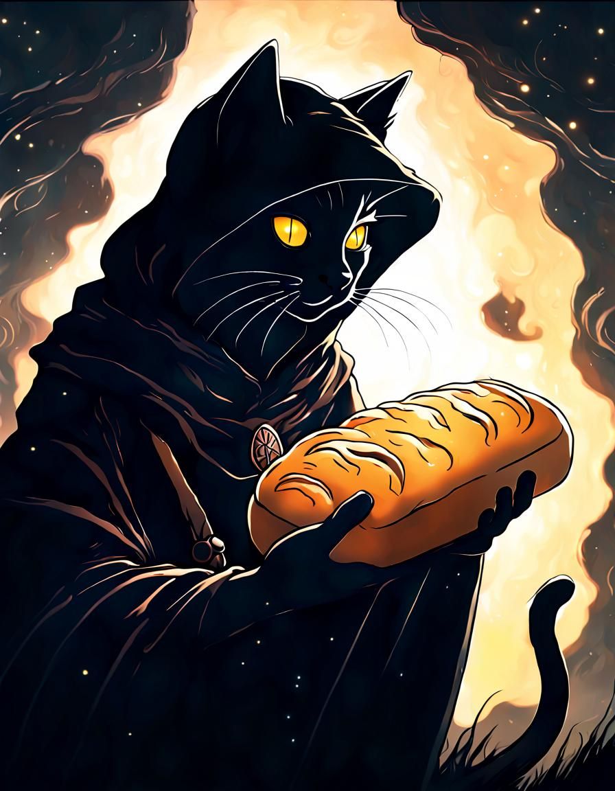 Kitten Wizard with Bread Loaf in Anime Style