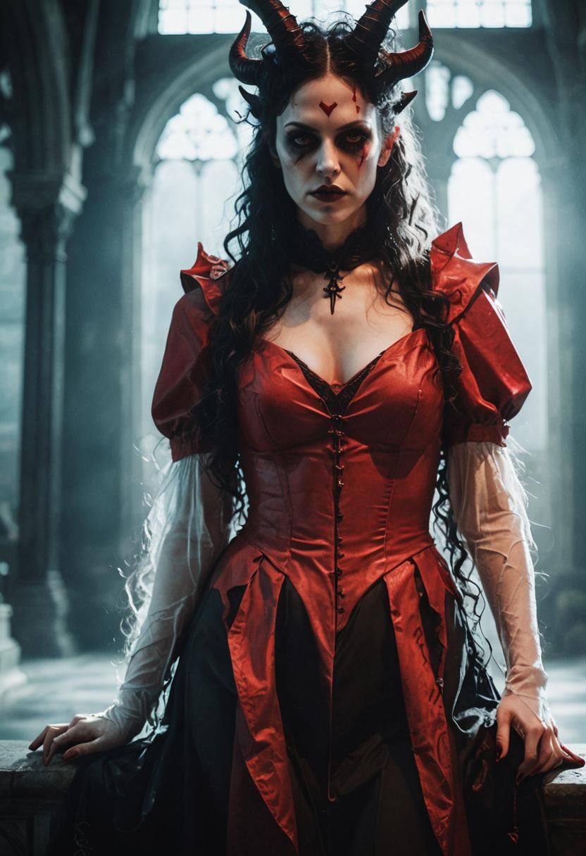 Gothic Demon Woman in Dark Cathedral Portrait