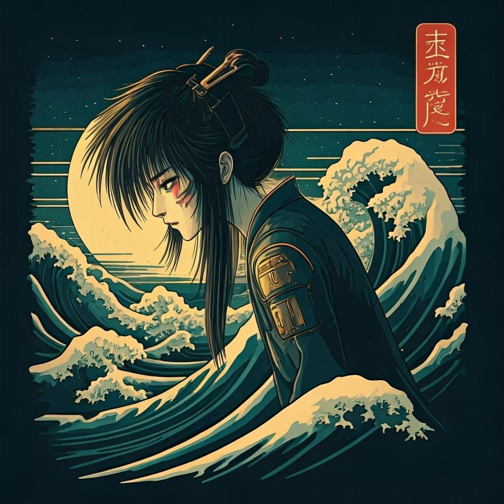 Cyberpunk Cityscape in Ukiyo-e Style