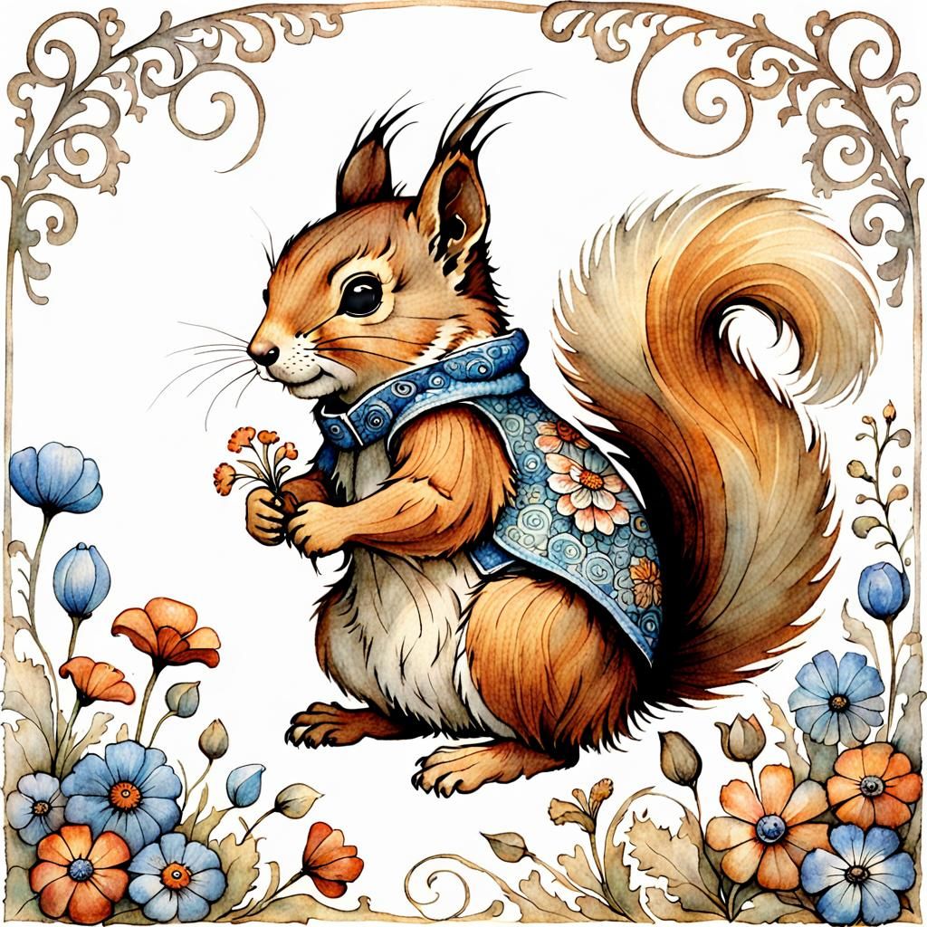 Whimsical Squirrel Portrait with Floral Border