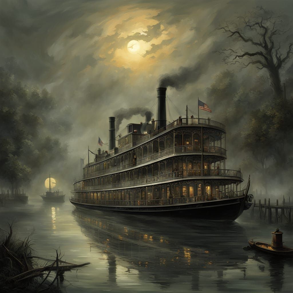Majestic River Steamboat Chase Under Moonlit Fog