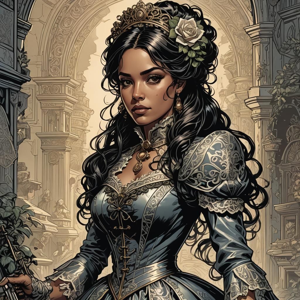 Victorian Latina with Key in Comic Book Art Style