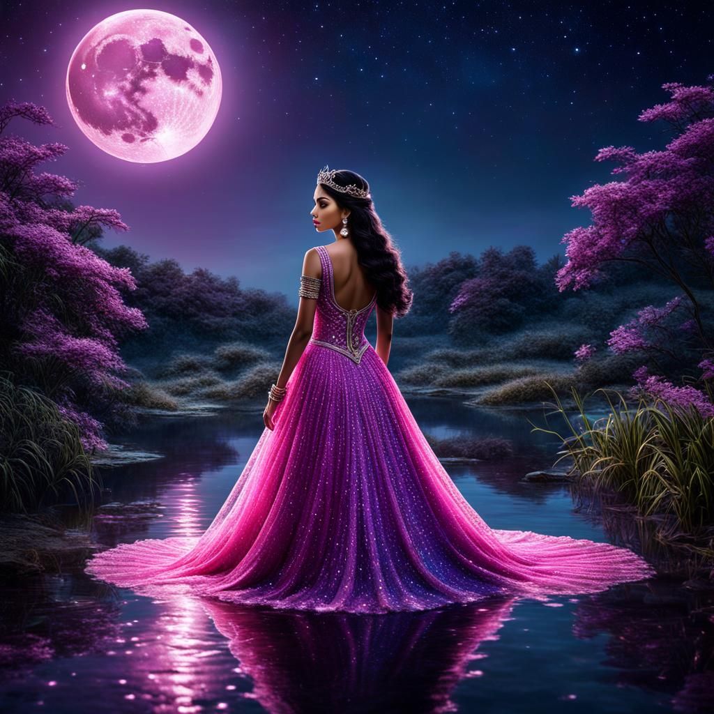 Indian Princess Under Sparkling Moon in Digital Painting