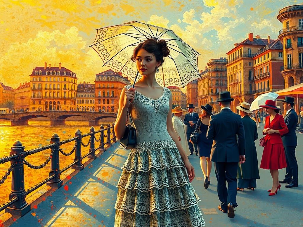 Pointillist Parisian Promenade Scene in Seurat Style