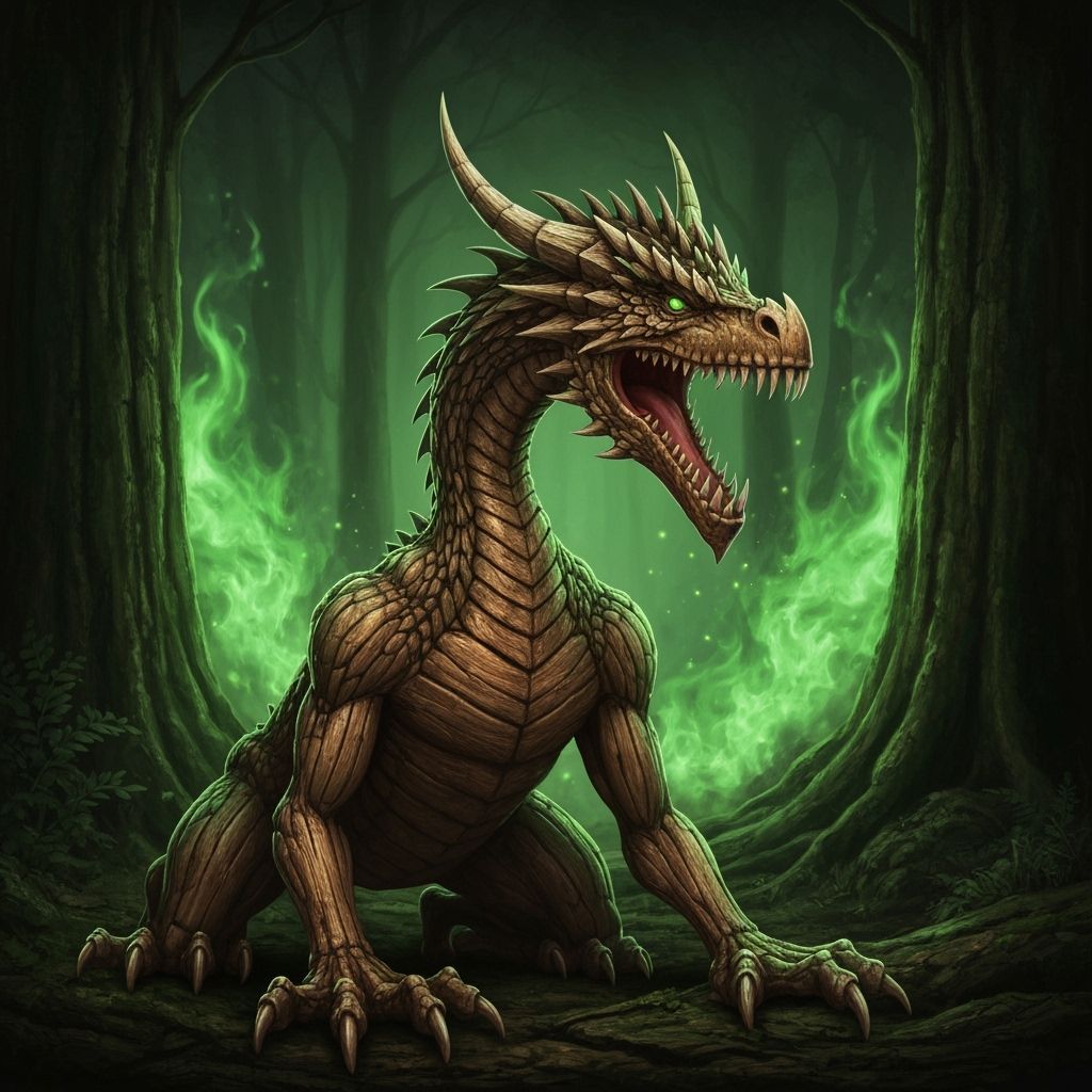 Majestic Dragon with Green Flames in Dark Forest