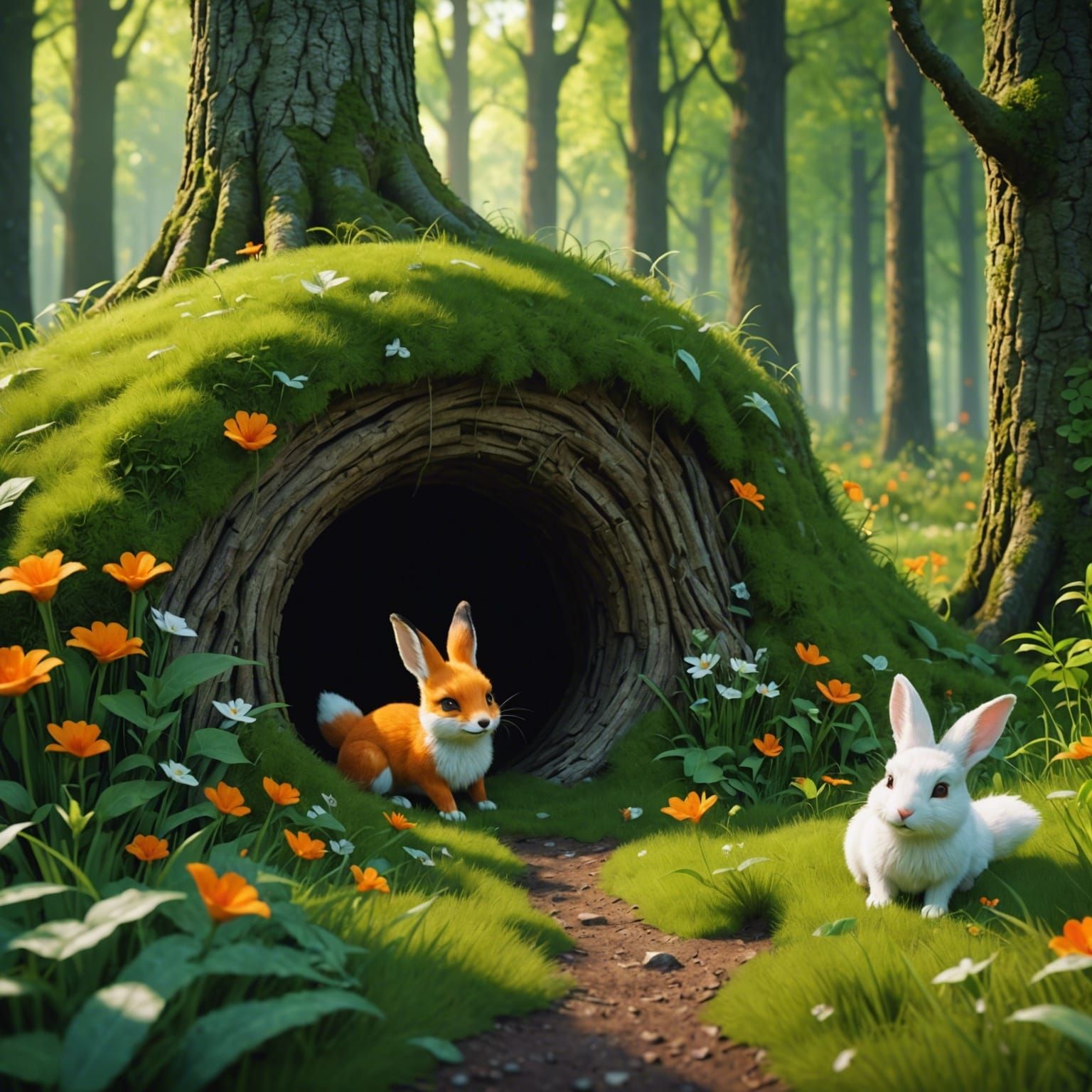 Orange Foxes in Green Forest with White Rabbit