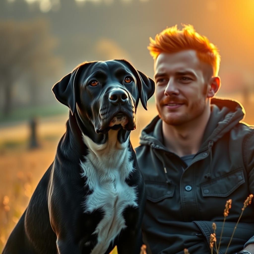 Loving Moment of a Man and His Loyal Lab Mix Bulldog in Spri...