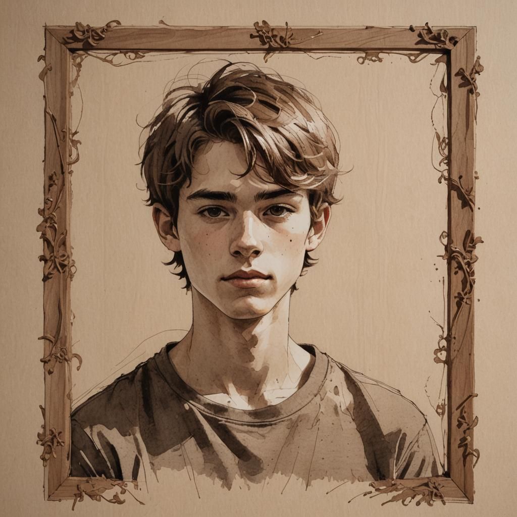 Minimalist Sketch of a Boy in Wooden Frame