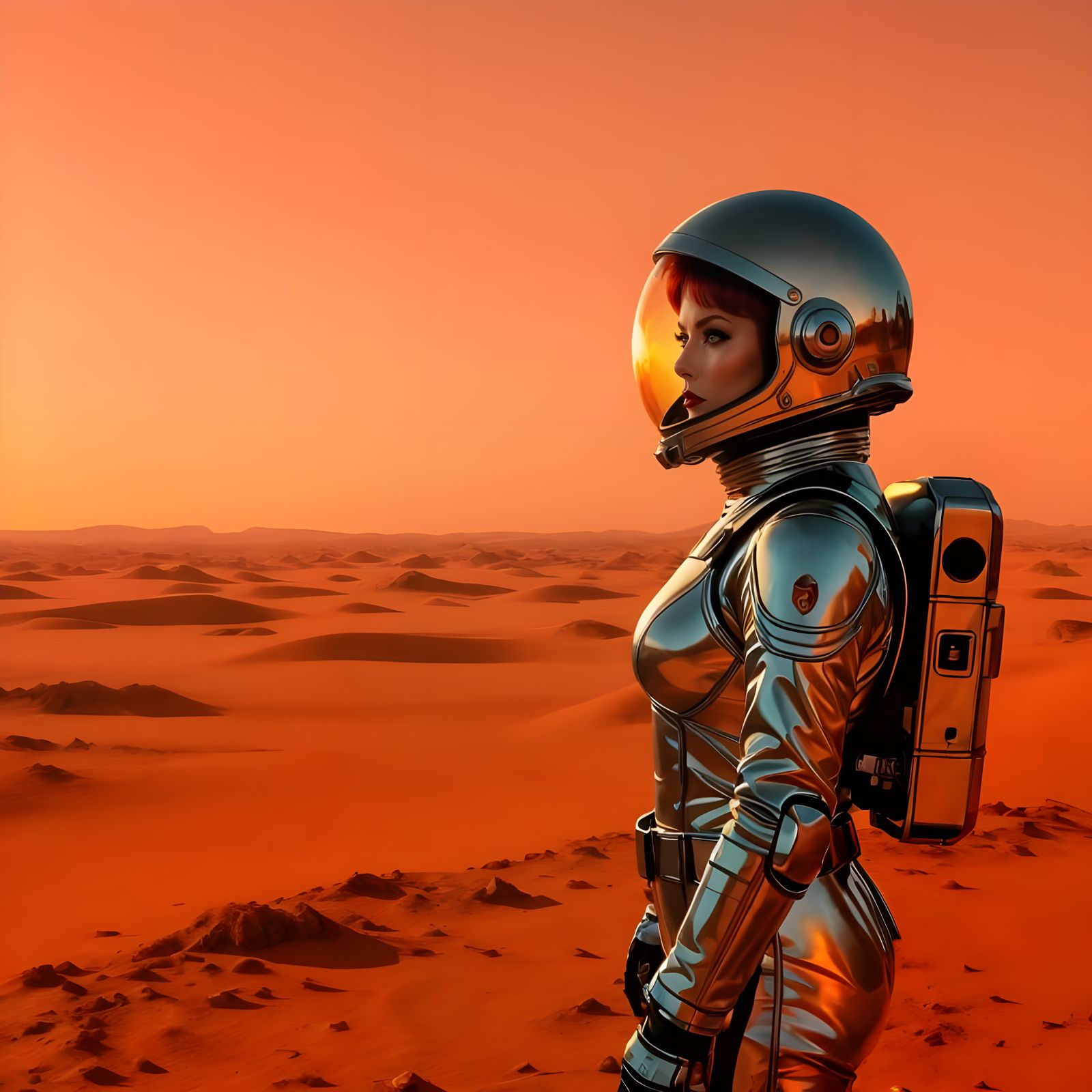 Red-Haired Astronaut Contemplates Alien Vista in Chrome Spac...