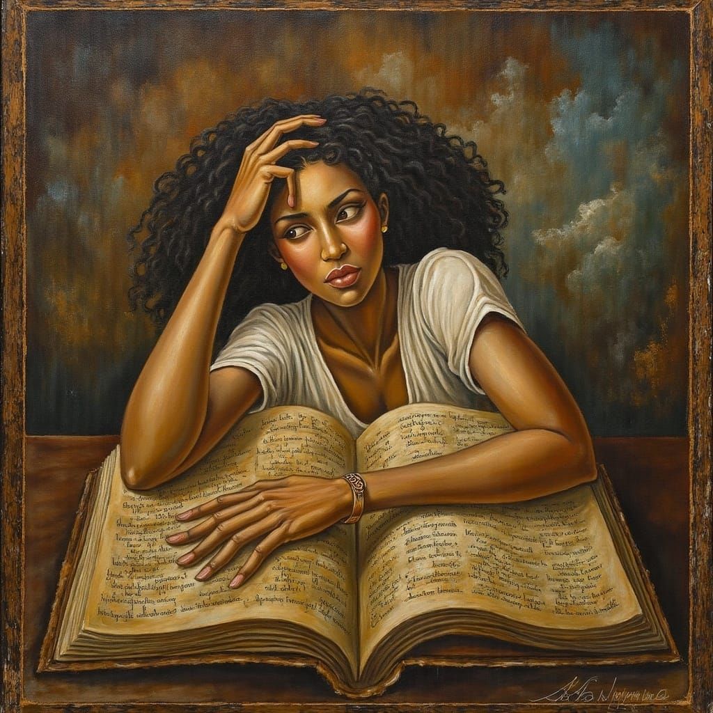 Introspective Woman Surrounded by Mystical Book Pages