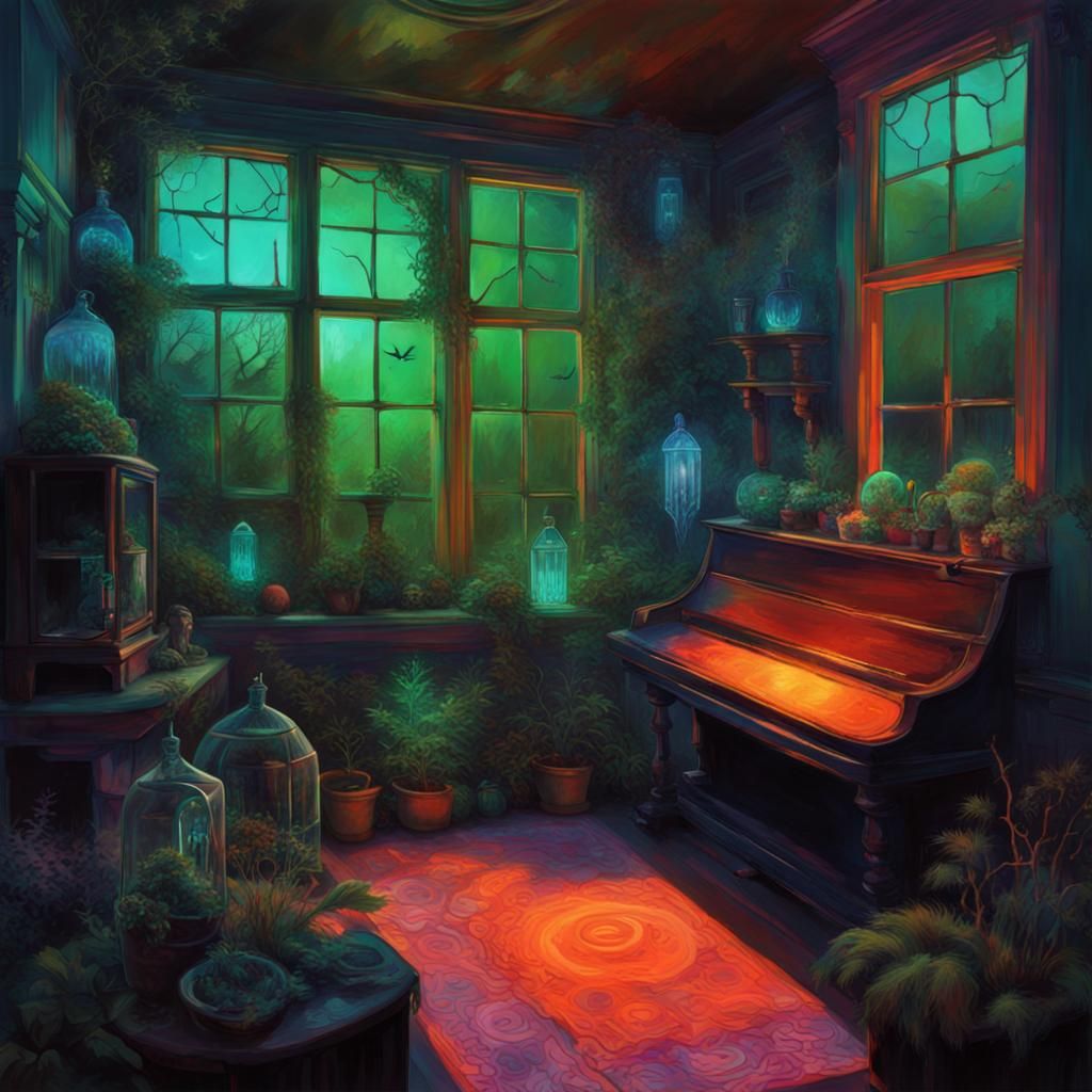 Haunted Bioluminescent Garden Room in Liminal Art Style