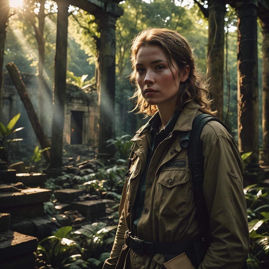 Film Noir Explorer in Amazon Temple Ruins