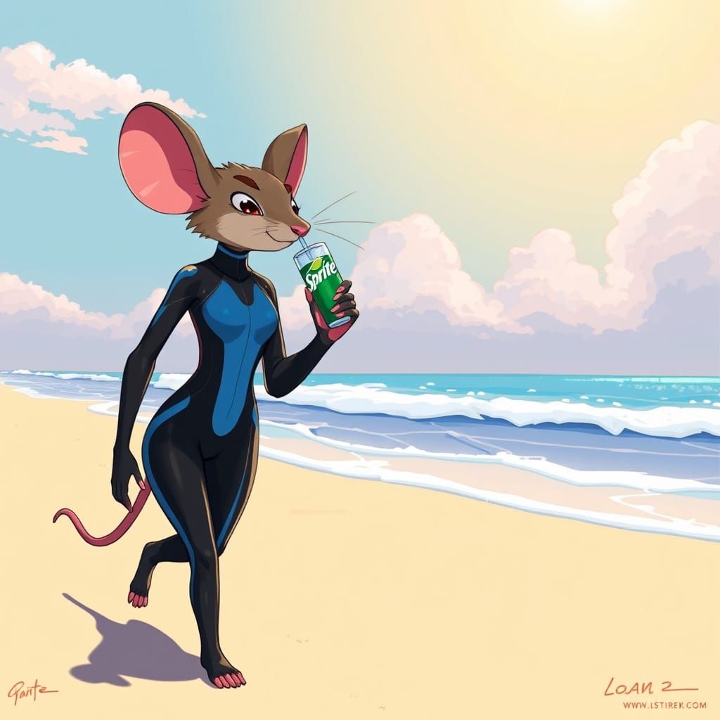 Mouse Humanoid Drinks Sprite on Beach, Stylized Art