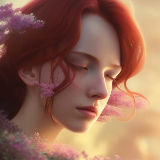 Red-Haired Woman in White Flowers, Anime Style