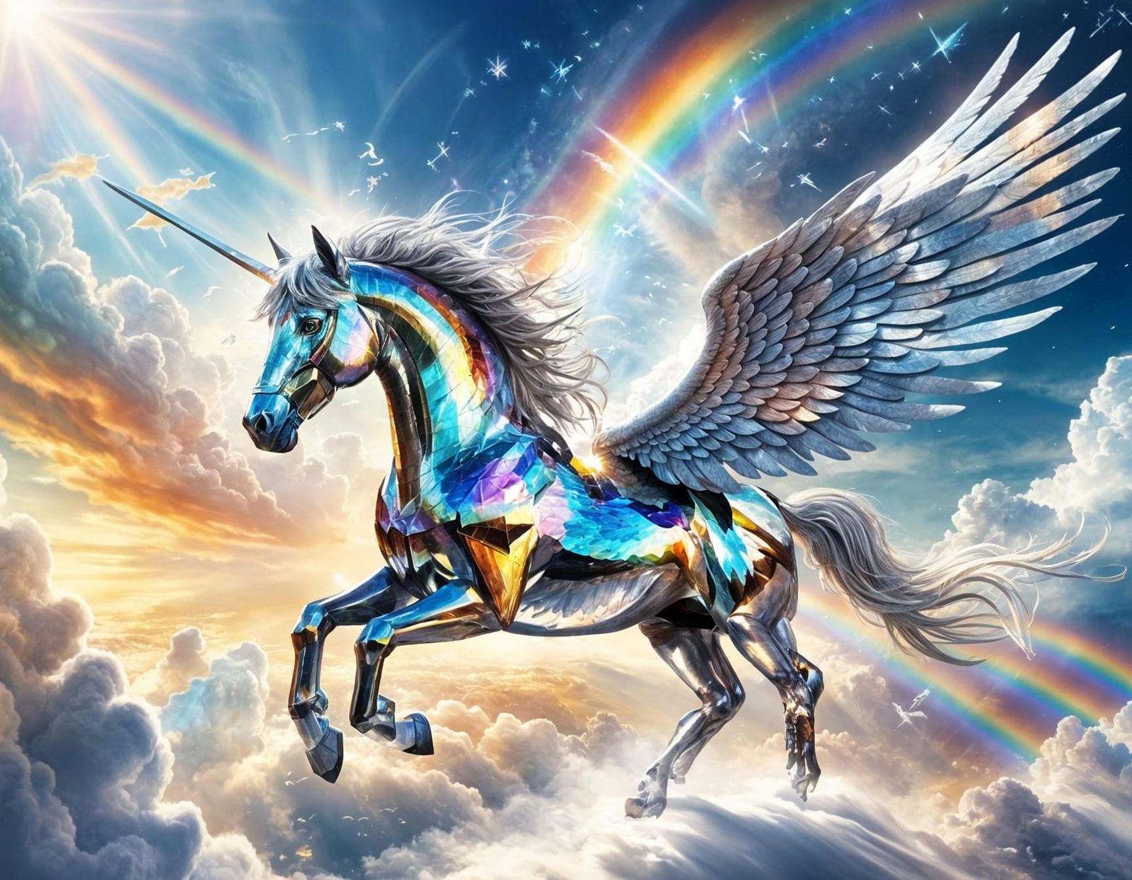 Silver Pegasus Soaring Across Crystalline Sky
