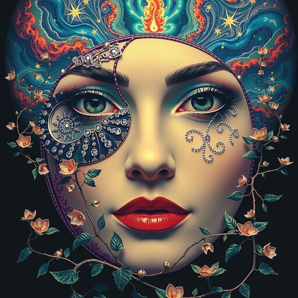 Woman in Starry Night with Fractal Outfit