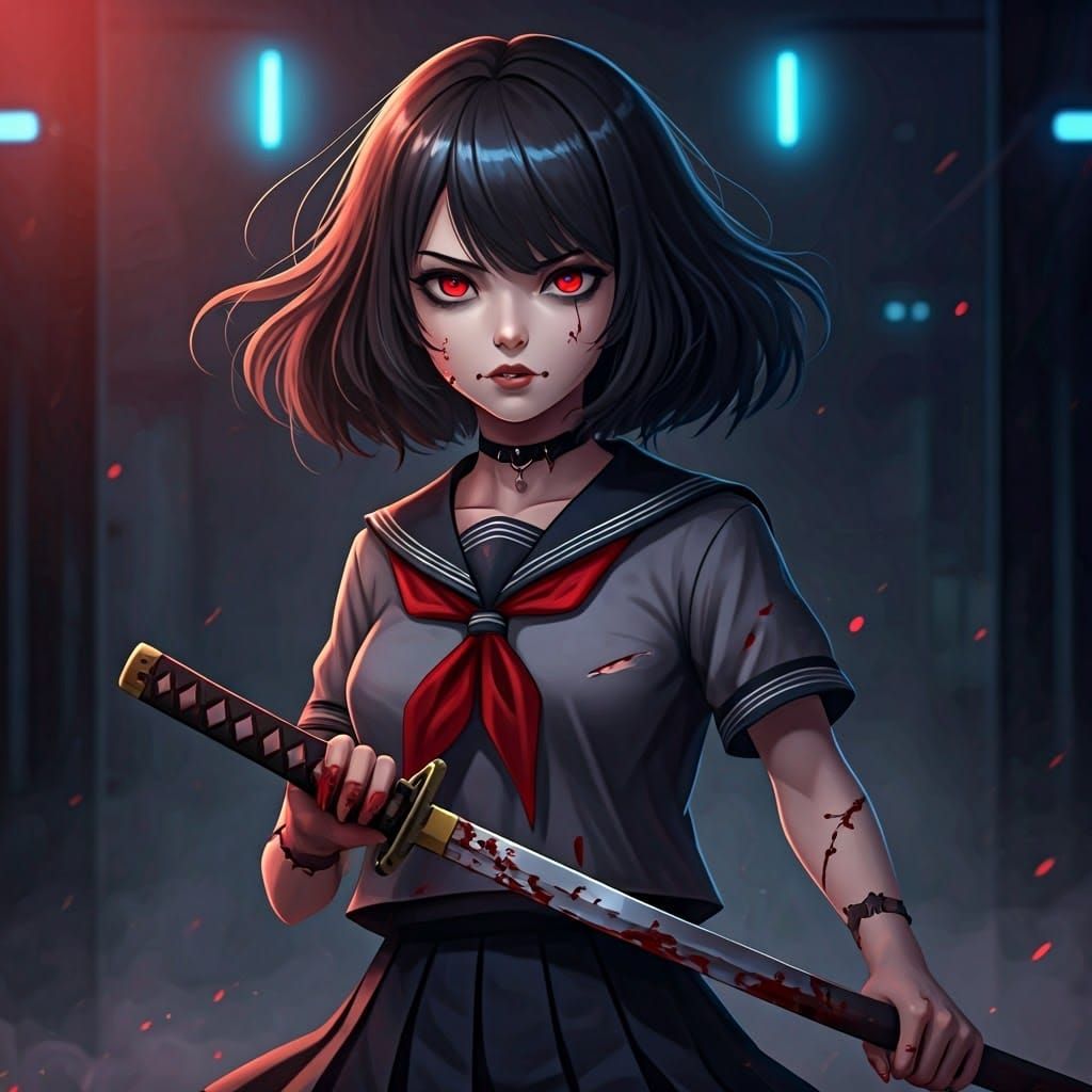 Gothic Anime Goddess Wields Bloody Katana in Dark, Misty Lan...