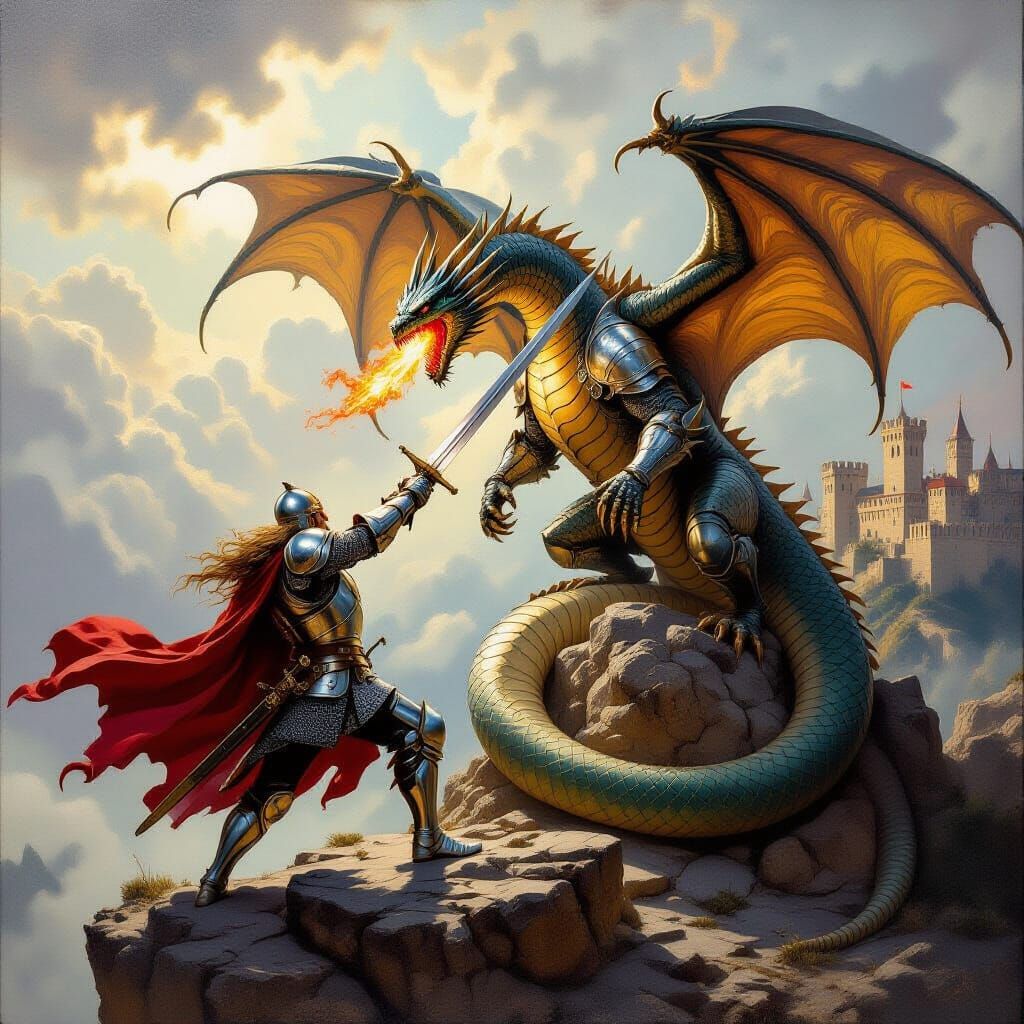 Knight and Dragon Battle as Renaissance Oil Painting