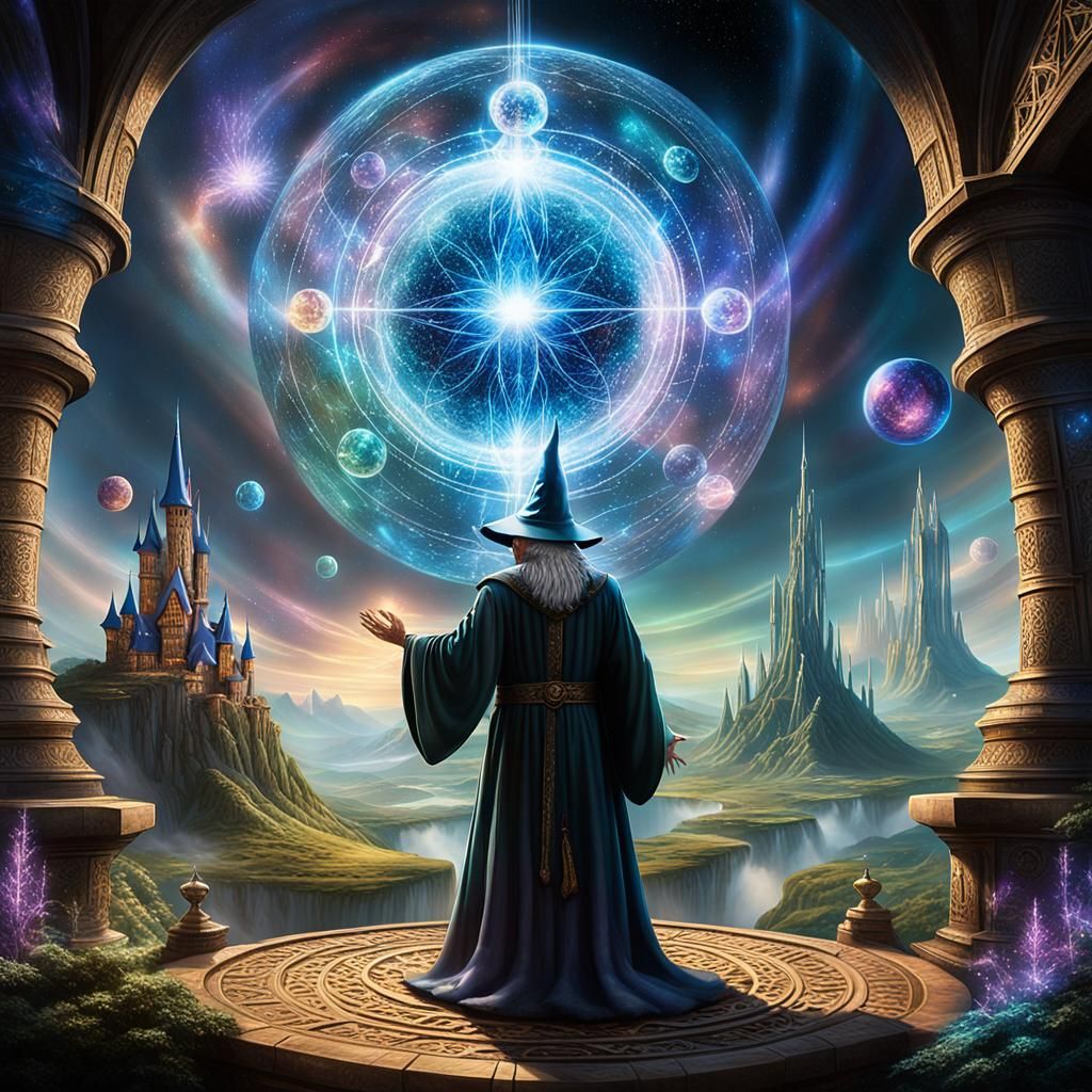 Wizard Harnessing Orb's Power in Enchanted Tower
