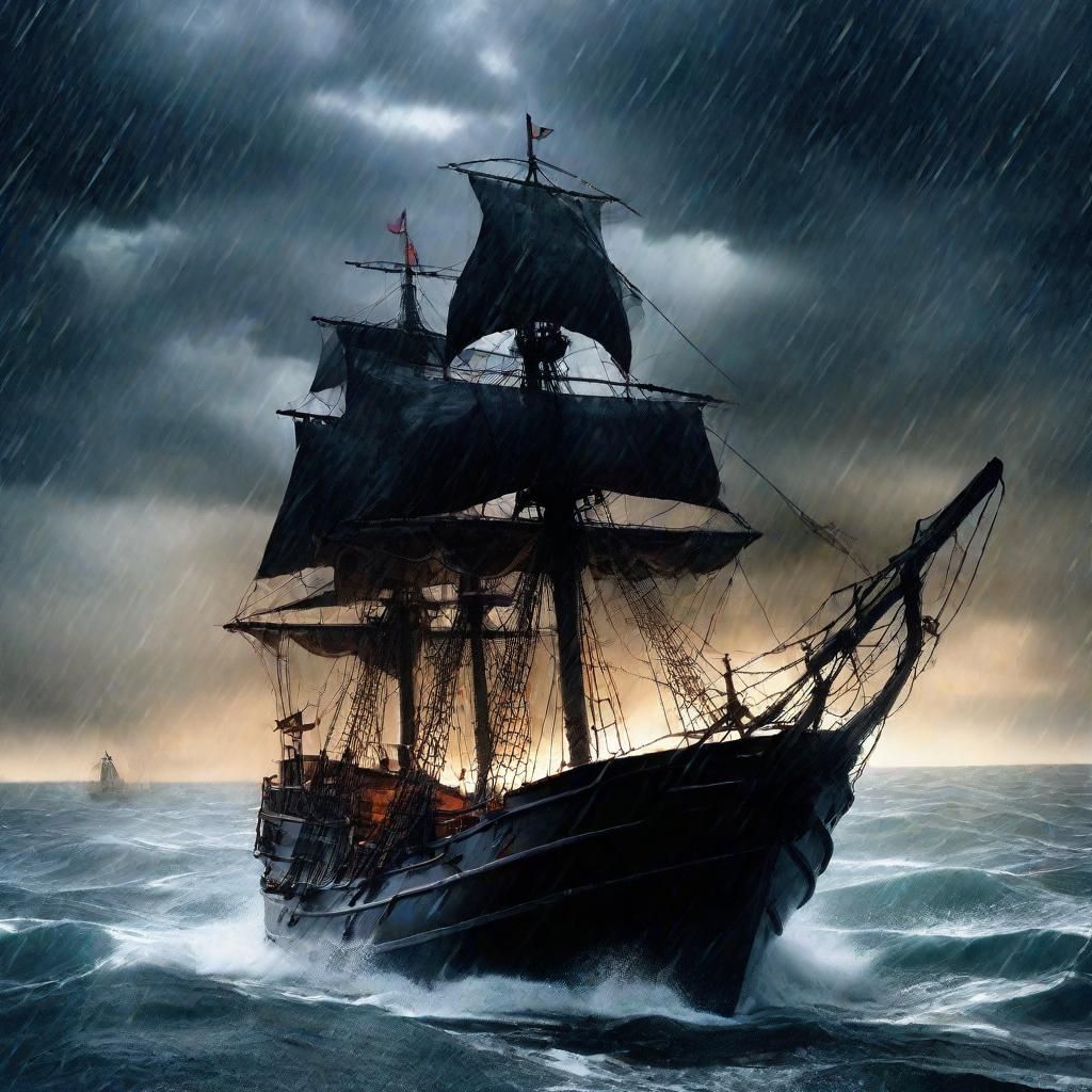 Blackbeard on Ship in Storm, Howard Pyle Style