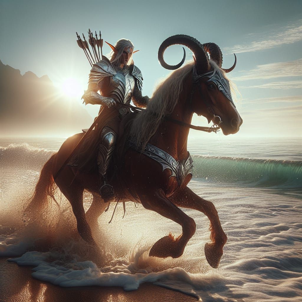 Elven Warrior Rides Majestic Horse Across Ocean Surf at Sunr...