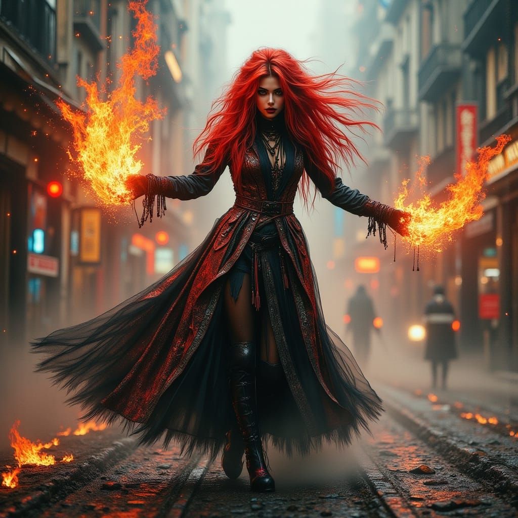 Cyberpunk Warrior Witch with Fiery Red Hair