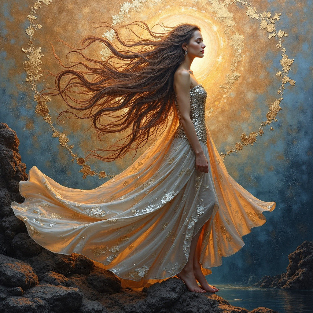Celestial Woman in Metallic Waves: Visionary Art