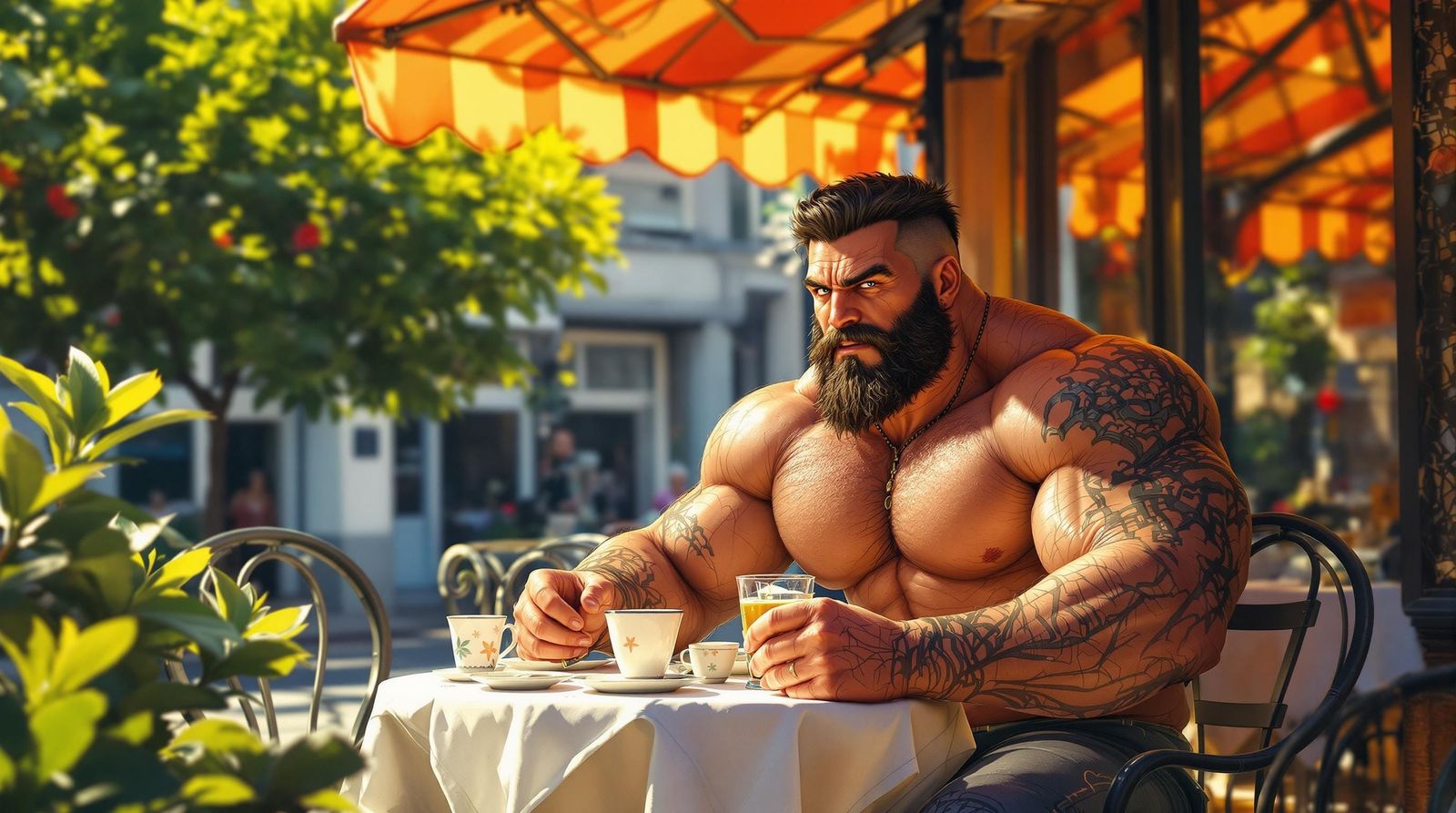 Sculptural Figure in a Sunlit Bistro Setting