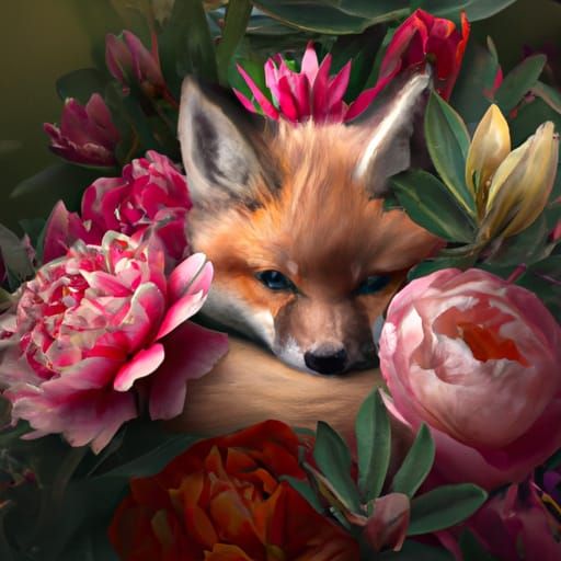 Baby Fox Hiding Behind Flowers: Digital Illustration