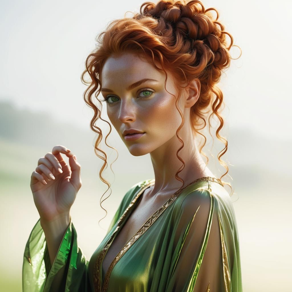 Hyperrealistic Woman in Gold Robe with Red Hair