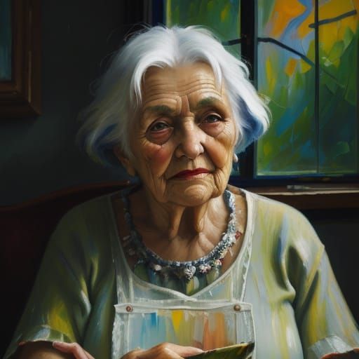 Old Woman by Window Oil Painting in Neo-Impressionist Style