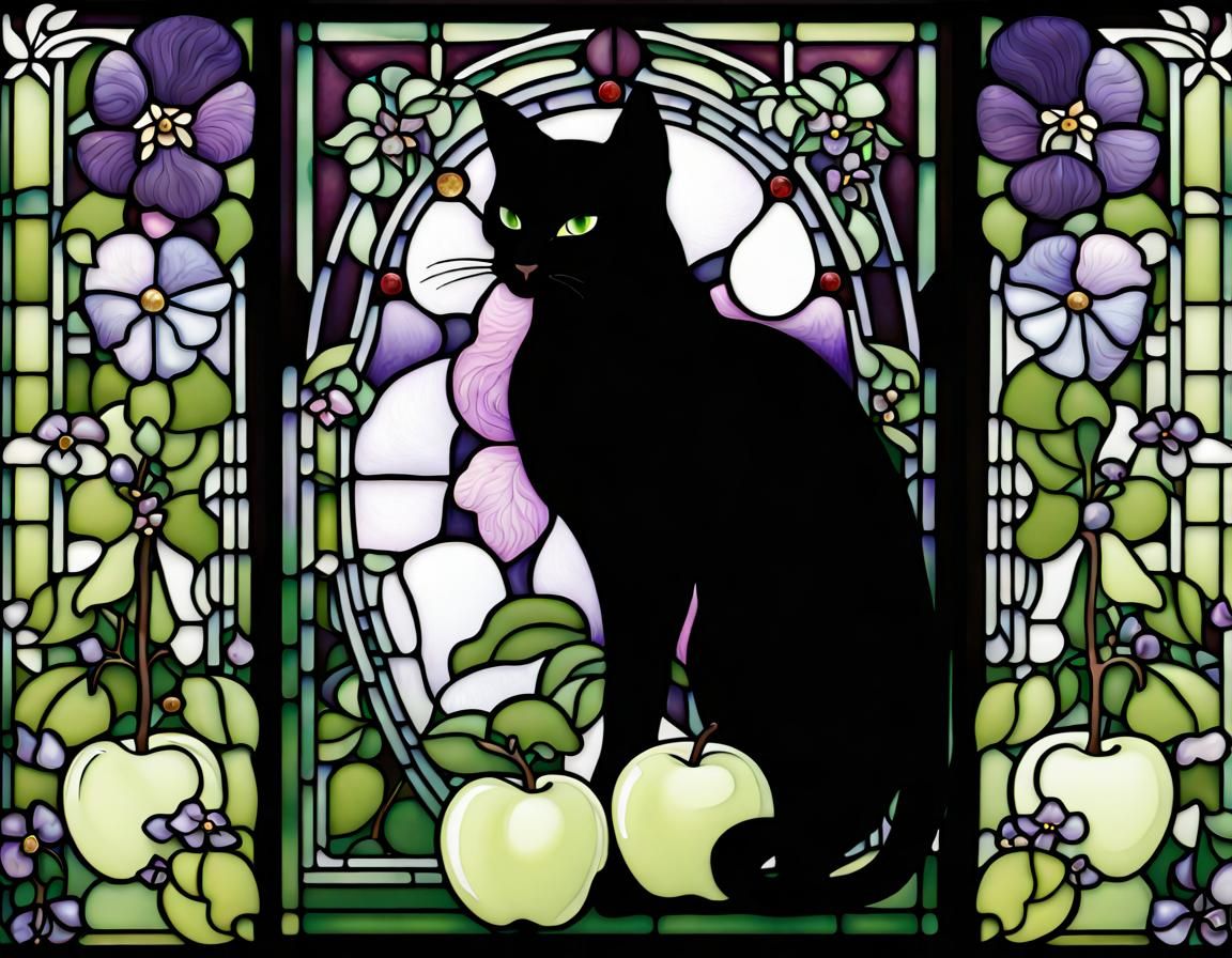 Art Nouveau Stained Glass: Violets and Apple Trees